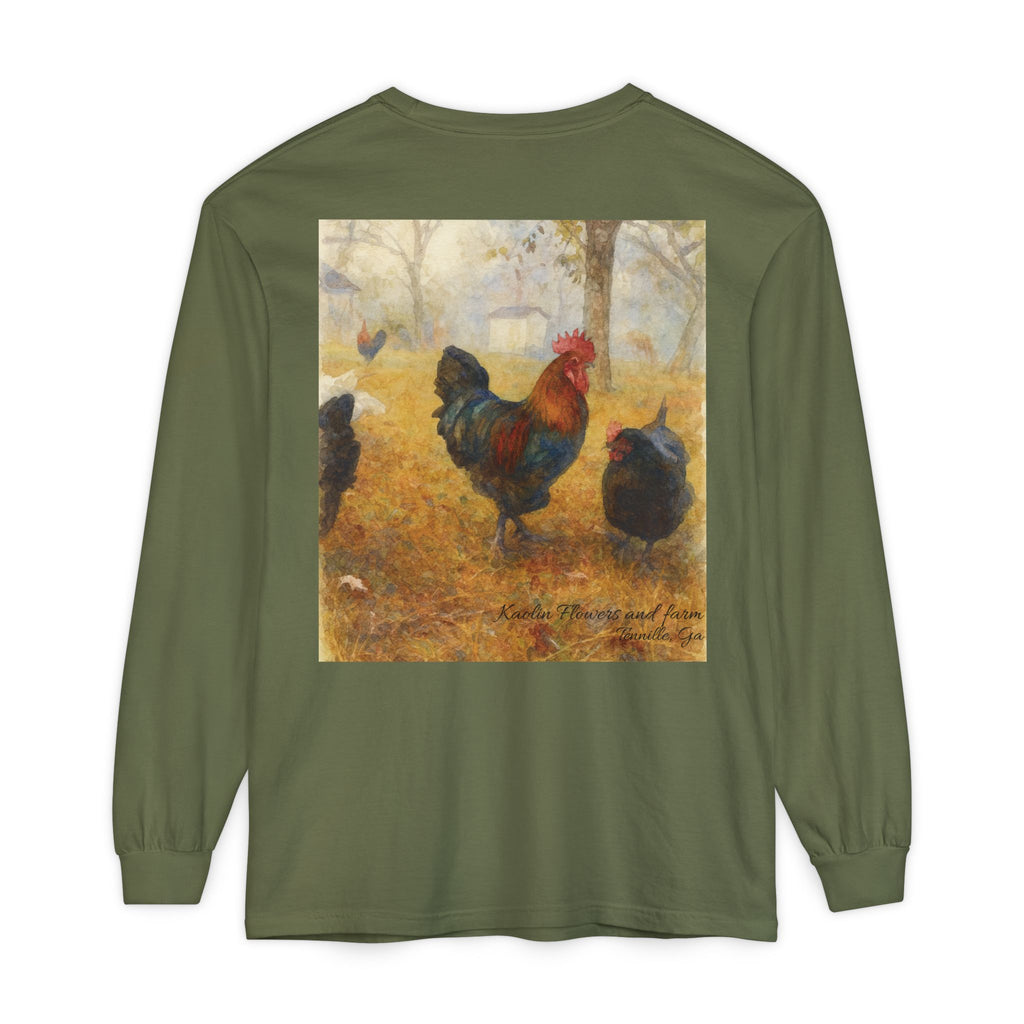 Black Copper Marans Foggy Morning Long Sleeve T-Shirt- Kaolin Flowers and Farm